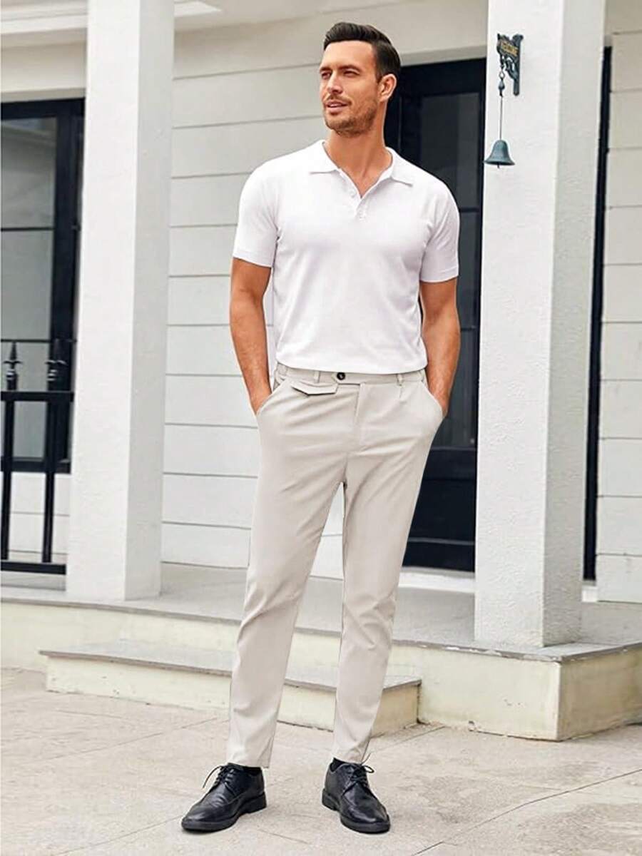 Runcati Mens Chinos Slim Fit Pants Flat Front Stretch Skinny Tapered Dress Pants Comfort Casual Solid Trousers - 米色 - 查看 1