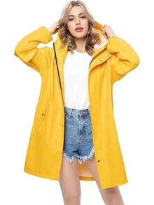 UNIQUEBELLA Rain Jackets For Women Waterproof, Raincoat Long Hooded Rain Coats Outdoor Windbreaker Trench Coat - 黃色 - 查看 1