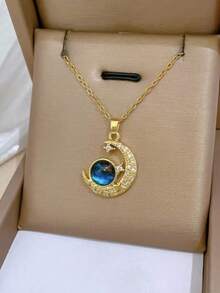 1 件精致水钻镶嵌星夜月亮项链，简约独特星座颈链，适合女士、派对和礼物 - 金黃色 - 查看 2