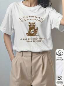 Women's Loose T-Shirt, Raccoon Lettering Print, 100% Cotton White Short Sleeve, Graphic T-Shirt, Casual Crew Neck Short Sleeve T-Shirt, Breathable And Comfortable, Available In Multiple Sizes, Perfect For Holiday Gifts - 白色 - 查看 4