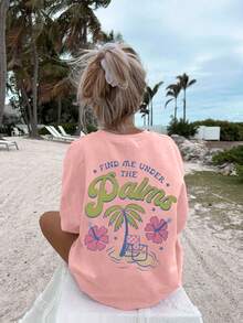 1PC Girls Beach Vacation Palm Tree Print Short Sleeve T - Shirt, Soft Skin - Friendly, Summer Beach Outing Wear - Pink - View 1