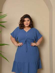 Batwing Dress Plus Size Midi Short Sleeve Duna Fabric Size U/G1 From 44 To 50 With Front Buttons Fashion Elegant Simple Casual Elegant Party Ruffle Hem Buttons On The Front Knot Wedding - 牛仔褲藍色 - 查看 2