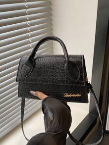 Lightweight Business Casual Square Handbag, Dual Handles, Embossed Crocodile Skin Pattern Letter Design, Suitable For Teenagers, Women, College Students, Young Professionals And Office Workers, Perfect For Office, University, Work, Business, Commuting, Outdoor Activities, Travel And Leisure - Black - View 1