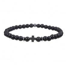 New Men's 4mm Black Obsidian Cross & Volcanic Stone, Turquoise Beaded Bracelet