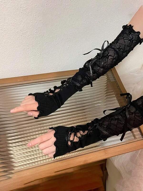 1 Pair Black Gothic Style DIY Fingerless Gloves, Sun Protection Sleeves, Decorative Outfit Accessory, Stretchy Mesh Punk Gloves