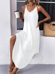 EARO Elegant European & American Style Casual Sleeveless Maxi Dress, Simple Solid Color Knit Tie-Waist Fitted Slim Dress, Comfortable For Daily Wear, Spring/Autumn White Summer - White - View 4
