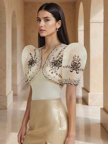 Amyenjoylife Modern Filipiniana Letni damski elegancki kardigan z nadrukiem i bufiastymi rękawami, bolerko Filipiniana - Szampan - Zobacz 1