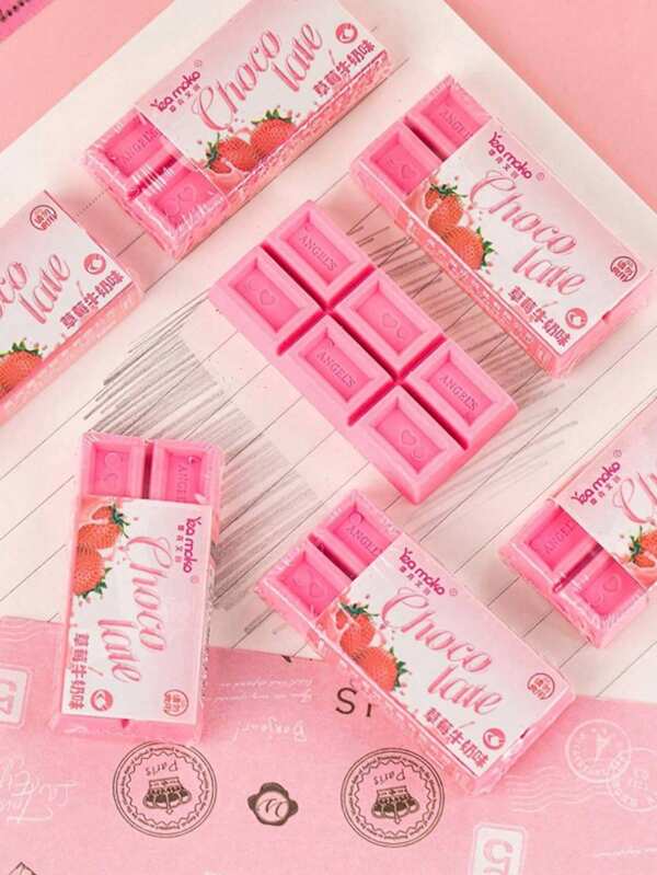 1pc Strawberry Chocolate Eraser Mini Pink Color Less Dust Cleaning Correcting Tools Office School, School Supplies, Back To School