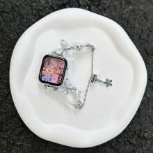 1 条适用于 38 毫米 40 毫米 42 毫米 44 毫米 41 毫米 45 毫米 46 毫米 49 毫米 Ultra Watch Series 10 9 8 7 6 5 4 3 2 的玫瑰金不对称仿珍珠蝴蝶手链腕带，适用于女式 表带