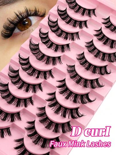 10 pares de pestañas postizas completas de 15 mm, estilo ruso D Curl, aspecto de ojos de gato alargado, pestañas postizas de mink sintético