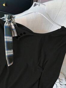 不对称蝴蝶结露肩针织毛衣，女式修身长袖上衣 - 黑色 - 查看 8