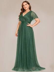 EVERPRETTY 大码优雅短袖V领长拖尾夏季连衣裙，蓝色伴娘正式礼服，新娘母亲礼服 - 綠色 - 查看 4