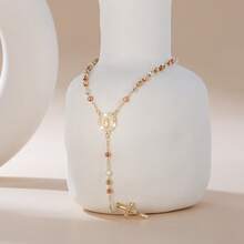 14 Karat vergoldete elegante luxuriöse Kreuz- und Jungfrau Maria Anhänger Halskette, handgefertigte dreifarbige Perlenkette, einzigartiges Pulloverkettendesign, geeignet für Frauen, Party und Valentinstag Geschenk