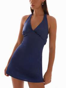 Women's Halter Neck Mini Tank Dress Sleeveless Deep V Neck Tie Back Solid Color/Floral Bodycon Short Dress Summer Backless Going Out Dresses College Graduation Party Club Y2k Dress - 藏蓝色 - 查看 4