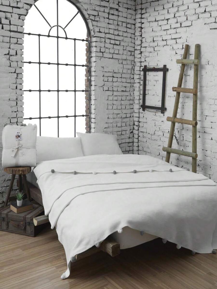 Dolce Bonita Home Single Pompom Pique Blanket 150x200 Cm – Made In Turkey | Grey, Brick, Mustard, Cream Color Options - Creamy White - View 1