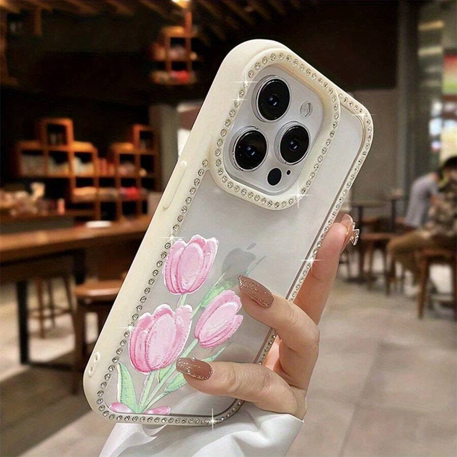 Funda para teléfono 1 unidad, tulipanes rosas, delicada pintura de acuarela, brillante, doble cara | Funda brillante para 11/12/13/14/15/16 pulgadas, funda brillante con brillo profesional y pegatinas de joyas |/ Regalos de cumpleaños para mujer - Blanco - Ver 1