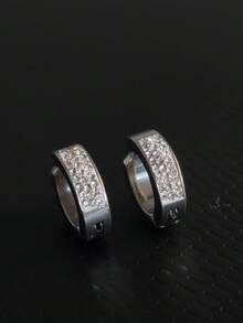 Luxury Unisex Silver Clip-On Hoop Earrings With 3 Rows Of Stones - 銀色 - 查看 2