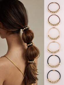 3 件/6 件女士优雅纯色金色仿珍珠发圈，适合日常休闲和假日服装搭配，马尾辫夹，发圈，发绳 - 金色 - 查看 4