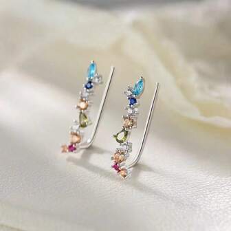 2 Pairs Minimalist One-Word Color Crystal Branch Shaped Stud Earrings, Fashionable French Style For Party, Daily Wear, Wedding