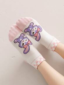 Disney 5 Pairs Girls/Kids Casual Cartoon Socks, Purple Tone Rabbit, Heart, Bowknot Patterns, Cute Style, Ankle Socks, Suitable For Students Daily, Back To School Season, All Season