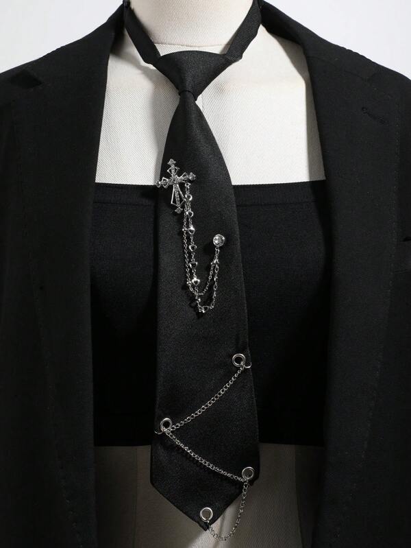 1 pieza Corbata personalizada para mujer, negra con cruz plateada, cruz dorada y decoración con cadena, adecuada para conciertos de rock, fiestas de Halloween, fiestas con tema de estilo oscuro, fotografía