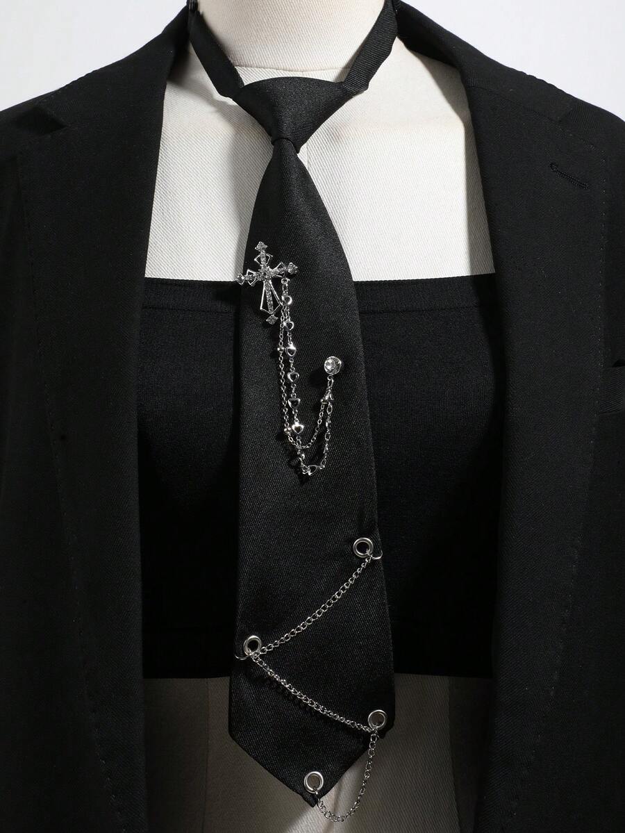 1件男女通用十字架和心形水钻装饰项链吊坠，适合街头、摇滚音乐会、万圣节派对、暗黑主题派对、摄影等场合。 - A - 查看 1