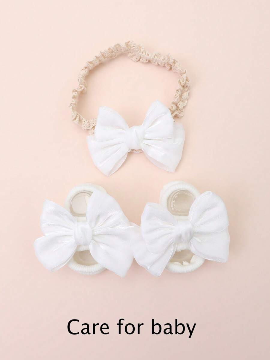 1 双女婴蝴蝶结装饰透气防滑袜子和 1 件公主头带，百搭百搭 - 白色 - 查看 1