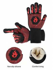 2PCS BBQ Heat Resistant Oven Gloves, BBQ Barbecue Gloves Cut Resistant 1800°F Extremely Heat Resistant Silicone Non-Slip Oven Gloves Microwave Grill High Temperature Resistant Gloves For Kitchen Garden Grilling And Outdoor Cooking Campfire - Red - View 1