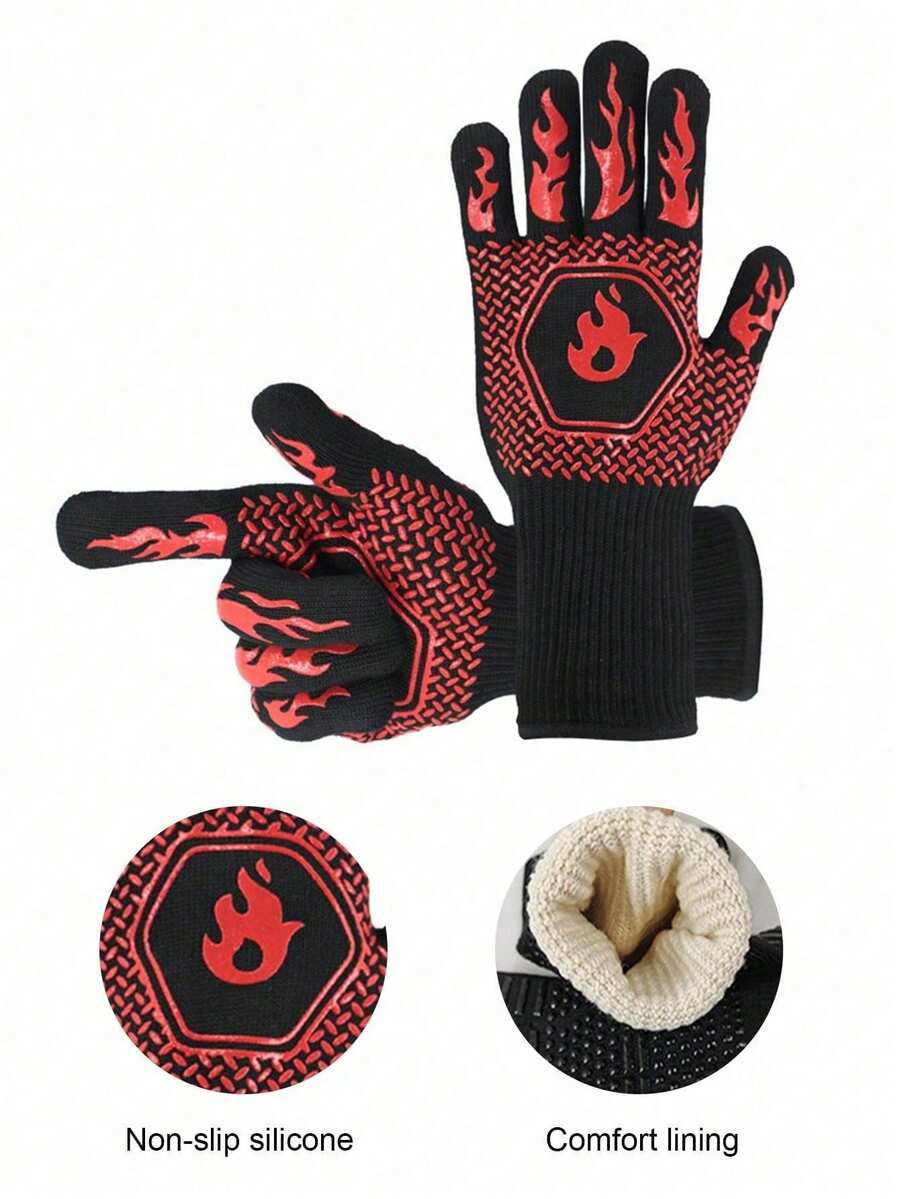 2PCS BBQ Heat Resistant Oven Gloves, BBQ Barbecue Gloves Cut Resistant 1800°F Extremely Heat Resistant Silicone Non-Slip Oven Gloves Microwave Grill High Temperature Resistant Gloves For Kitchen Garden Grilling And Outdoor Cooking Campfire - Red - View 1