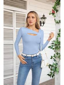 Womens Fashion Fall Cutout Long Sleeve Ribbed Slim Fitted Tops Shirts Tee Tshirts - Long-light Blue - View 3