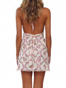 Womens Boho Floral Print Halter Neck Bodycon Dress Summer V Neck Sleeveless Backless Ruched Party Mini Dress Beach Vacation Sundress - White - View 3