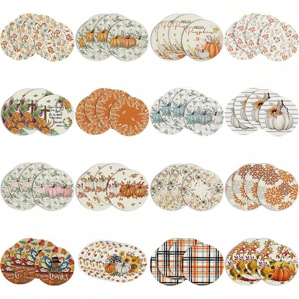 Juego de 4 manteles redondos con diseño de hojas y calabazas en otoño, de 38 cm - Mantel redondo estacional de otoño y Acción de Gracias para decoración de restaurante - 16 opciones a elegir
