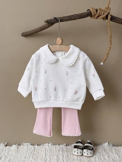2pcs/Set Baby Girls Floral Embroidered Peter Pan Collar Long Sleeve Sweatshirt & Frilly Long Pants, Spring/Autumn