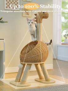 PAWZ Road Modern Cat Tree, 46-Inch Wooden Cat Tower With Dinosaur Design, Large Rattan Tree And 5 Fully Wrapped Sisal Scratching Posts For Indoor Cats - 米色 - 查看 2