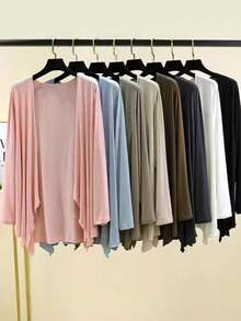 1件不对称下摆宽松薄款开衫，轻薄长袖空调披肩，加大码 - 針織披肩 - 查看 8