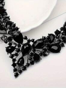 3pc [Artificial Crystal Jewelry] Artificial Crystal Bridal Jewelry Set | Necklace Earrings | Wedding Party Costume Accessories Ladies Gift - 黑色 - 查看 3