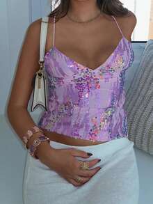 Sequin Camis Top Vintage Deep V-Neckline Sleeveless Shirt Vest Women Backless Slim Fit Crop Tops Y2k Rave Club Party - 紫色 - 查看 2