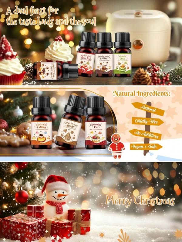 9 Óleos Aromáticos Sortidos para Alimentos - Solúveis em Água/10ml, Óleos de Fragrância Gourmet e para Sobremesas Exquisitos, Óleos de Grau Aromaterápico, Para Difusor e Fabricação de Velas, Aromas: Biscoito de Caramelo, Pudim de Natal, Casa de Gengibre, Cacau com Mocha, Bolo de Chocolate, Casa de Gengibre, Rocambole, Torta de Natal, Bolo de Baunilha, Decoração para Casa, Decoração de Natal, Decoração de Ambientes, Presentes de Natal