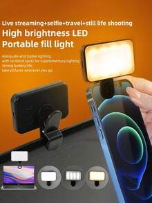 1pc Portable LED Selfie Ring Light, 12 LED Beads, Rechargeable Battery, 3 Modes & Multiple Brightness Levels, Clip-On Design For Smartphone/Tablet/Laptop, Adjustable Brightness & Color Temperature, Popular Selfie Fill Light - Black - View 3