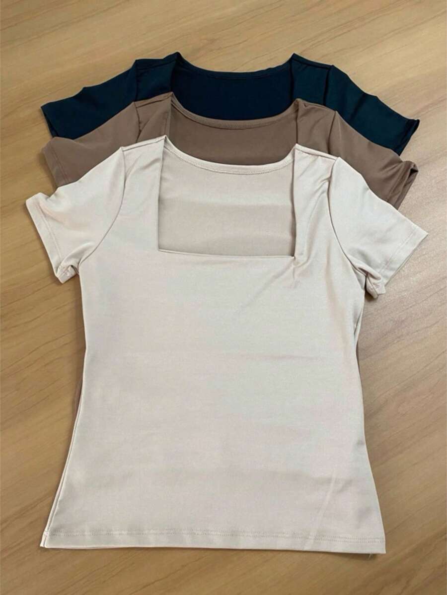 Kit Of 3 Basic Suplex Blouses, Square Neckline, Short Sleeve, Lined - Beige/Brown/Black - View 1