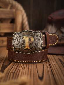 1条男士波西米亚西部牛仔风格字母压纹金属扣复古深棕色PU皮带，适合秋季、万圣节、秋冬季节，适合青少年、青年、男士，休闲、户外、运动、度假、毕业礼物、生日、日常穿着 - 深棕色 - 查看 19
