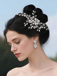 1pc Bridal Hair Accessory Comb, Vintage Silver Headpiece With Rhinestone And Pearl Decor, Suitable For Brides, Mothers, Bridesmaids And Other Women - Silver - View 2