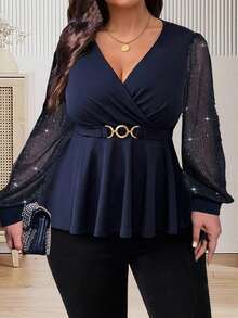Women's Autumn V Neck Tops Long Sheer Mesh Sleeve Smocked Waist Plus Size T-Shirts - Navy Blue - View 2