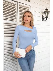Womens Fashion Fall Cutout Long Sleeve Ribbed Slim Fitted Tops Shirts Tee Tshirts - Long-light Blue - View 5