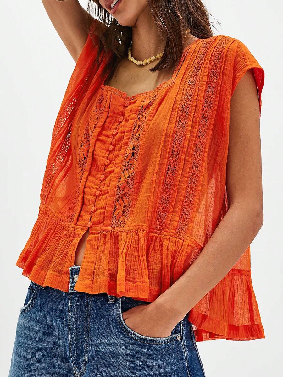 Women Button Down Ruffle Boho Tops Flowy Sheer Short Sleeve Square Neck Lace Blouse Y2k Going Out Blouse Loose Summer Vacation Vest - 橘色 - 查看 1