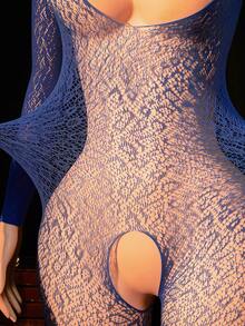 女士性感网纱连体紧身衣长袖镂空紧身连体裤夜店装豹纹性感紧身裤内衣睡衣 - 藍色 - 查看 5