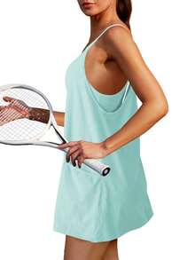 Womens Sleeveless Athletic Hot Shot Mini Dress With Built-In Shorts Sundress - 淺綠色 - 查看 2