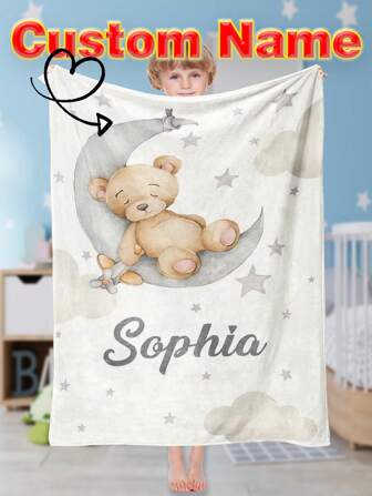 1pc Customized Cartoon Boy & Girl Cute Flannel Blanket With Personalized Name, Suitable For Your Sleeping Blanket, Sofa, Office, Bed, Camping Or Travel, Comfortable Flannel Blanket, Ideal Gift For Sisters, Girl, Unique Gift For Her, Housework Gift, Suitable For Infants, Children