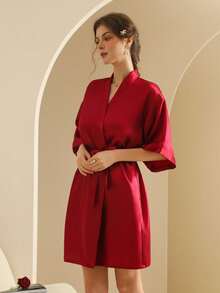 女士真丝睡袍，轻盈开襟长款睡袍，适合新娘、朋友、居家及酒店穿着。 - 酒紅色 - 查看 7