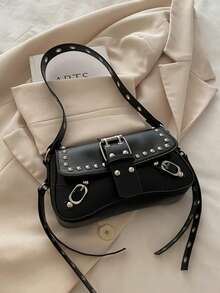 Fashionable Solid Color Rivet Decoration Armpit Foreskin Buckle Flip Shoulder Bag, Suitable For Shopping, Wallets, Shopping, Young Women, College Students, Newcomers, White-Collar Workers. They Are Very Suitable For Offices, Universities, Work, Business, Commuting, Outdoor Activities, Travel, And Outings - Black - View 2